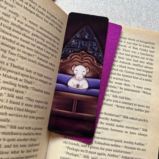 Sleepy RatTea Glitter Backed Bookmark